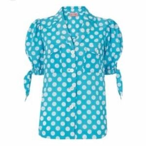 Kitri Ramona Polka Dot Boxy Blouse Top Short Sleeve Blue White Size US 4